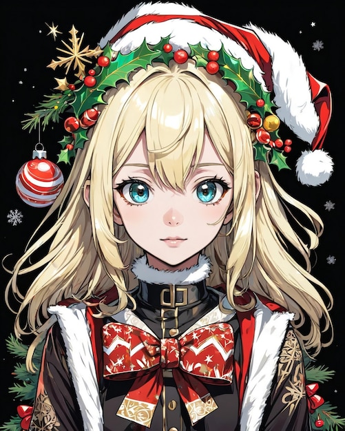 Kerststijl portret van anime meisje zwarte achtergrond vanillestijl