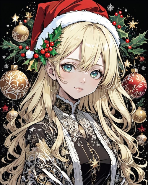 Kerststijl portret van anime meisje zwarte achtergrond vanillestijl