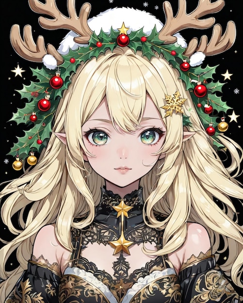 Kerststijl portret van anime meisje zwarte achtergrond vanillestijl