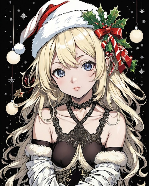 Kerststijl portret van anime meisje zwarte achtergrond vanillestijl