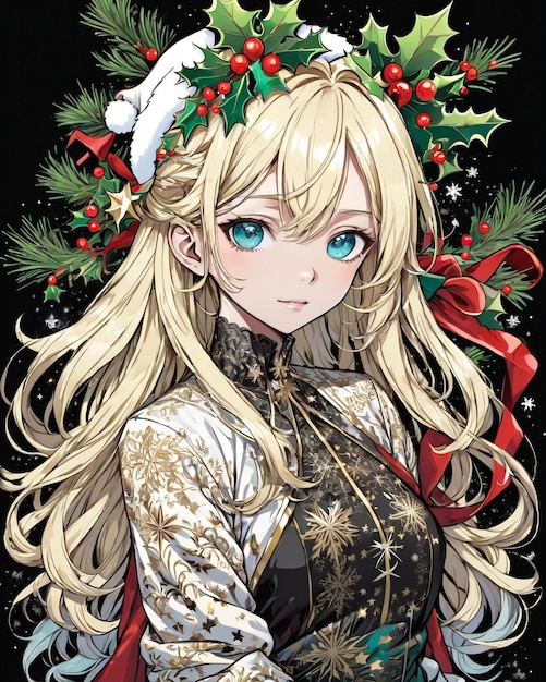 Kerststijl portret van anime meisje zwarte achtergrond vanillestijl