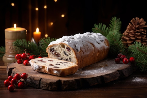 Kerststollen met rozijnen en cranberries op een houten plank