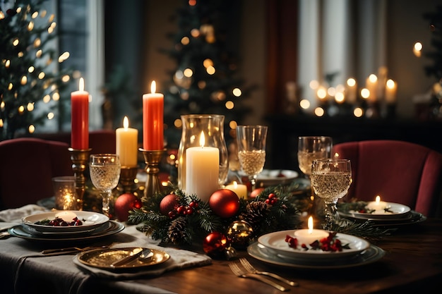 Kersttafel bij kaarslicht