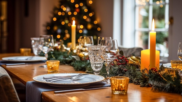 Kersttafel decoratie vakantie tafels landschap en diner tafel instelling formele evenement decoratie voor Nieuwjaar familie viering Engelse land en thuis styling