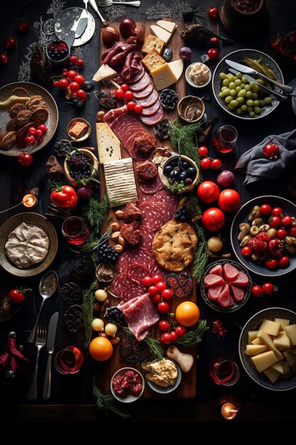 Kersttafel met eten vakantie sfeer Top view Generatieve AI