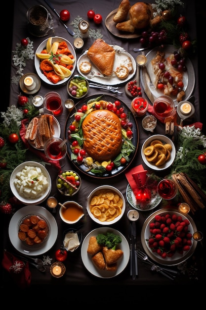 Kersttafel met eten vakantie sfeer Top view Generatieve AI