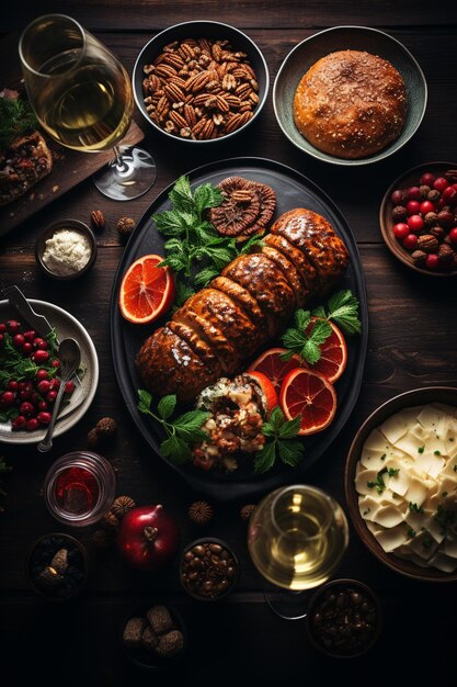 Kersttafel met eten vakantie sfeer Top view Generatieve AI