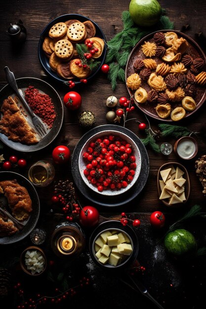 Kersttafel met eten vakantie sfeer Top view Generatieve AI