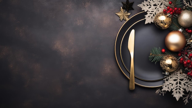 Kersttafel met gouden bestek op donkere achtergrond. Bovenaanzicht met kopieerruimte