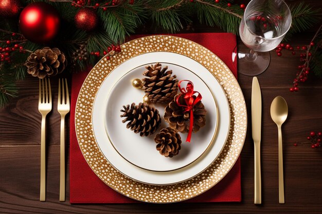 Kersttafel op rood plat met decoratieve dennenkegel op een bord rood tafeldoek goud