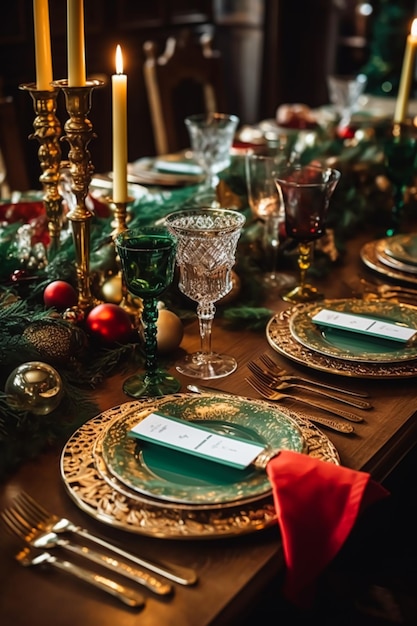 Kersttafel scape elegante formele eettafel tafellandschap met vakantiedecoratie voor feestgebeurtenis viering postprocessed generatieve ai