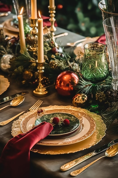 Kersttafel scape elegante formele eettafel tafellandschap met vakantiedecoratie voor feestgebeurtenisviering generatieve ai
