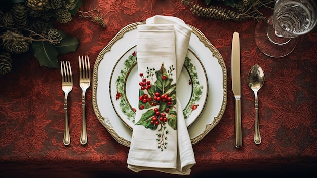 Kersttafeldecor, vakantietafellandschap en eettafel, formele evenementendecoratie voor nieuwjaarsfamiliefeest, Engelse country- en home-stylinginspiratie
