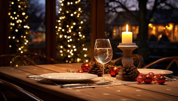 Kersttafelsetting met kaarsen en decoraties op de achtergrond van kerstverlichting