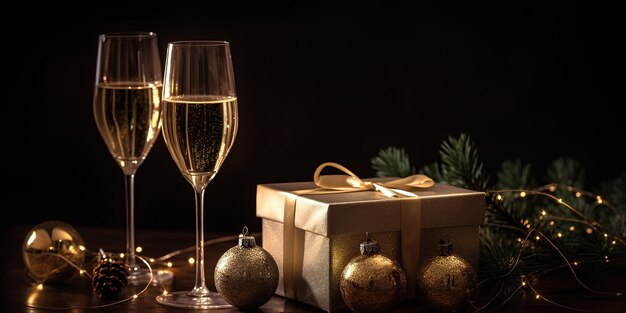 Kerstthema Glazen champagne Geschenkdozen en kerstboom op achtergrond met bokeh