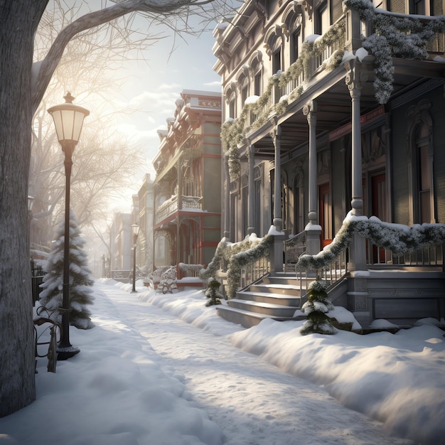 Kersttijd in de buitenlucht in de winter besneeuwde straat met licht in de huizen 's nachts Kerstschouwspel in de stad
