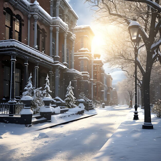 Kersttijd in de buitenlucht in de winter sneeuwige straat met licht in de huizen's nachts Kerstbeeld in de stad