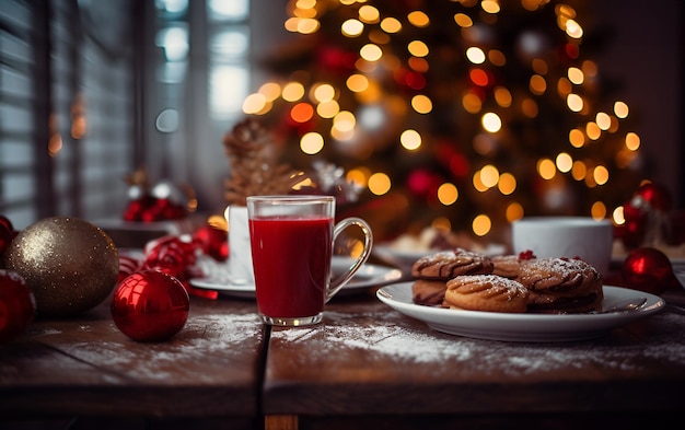 Foto kersttijd serveerde koffietafel in een café bar of restaurant met warme drank en koekjes tegen de dennenboom feestelijke krans bokeh lichten nieuwjaarsversieringen gezellige comfortabele appartementen hotelkamer