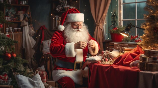 Kersttradities en sprookjes Kerstman naait kerstkousen in zijn werkplaats en bereidt zich voor op het geven van geschenken aan kinderen