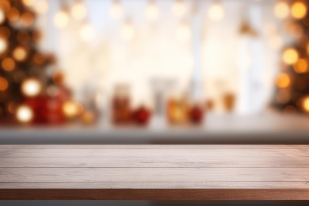 Kerstvakantie achtergrond met lege houten tafelblad Kerstboomtakken Generatieve AI