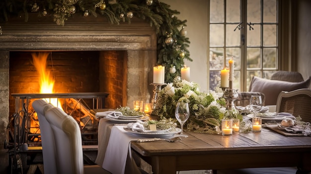 Kerstvakantie decor en landelijke cottage-stijl gezellige sfeer versierde kerstboom op het Engelse platteland huis woonkamer met open haard interieur decoratie idee