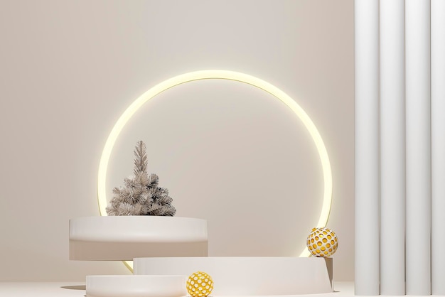 Kerstvakantie samenstelling met decoratieve kerstbomen en podia op beige met kopieerruimte 3d render