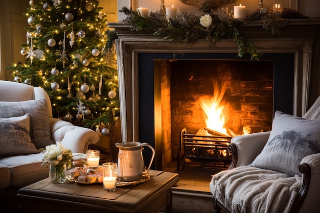 Kerstvakantiedecor en landelijke cottage-stijl gezellige sfeer versierde kerstboom in de Engelse plattelandshuiswoonkamer met open haard interieurdecoratie