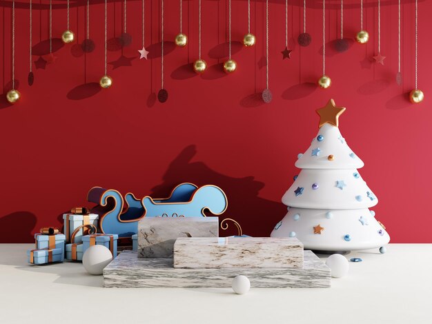 Kerstverkoopachtergrond met kerstslee en podiumpodium voor productweergave 3D-rendering
