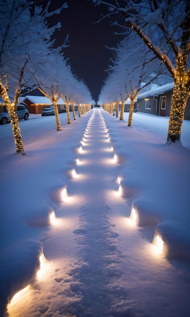Kerstverlichting die een met sneeuw bedekt pad verlicht 's nachts buiten groothoek