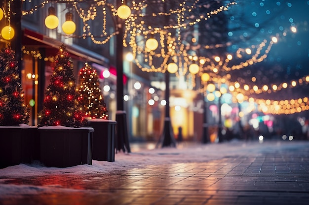 Kerstverlichting kralen versieringen op de straat Vervaagde achtergrond stad straat wirh tekst ruimte.