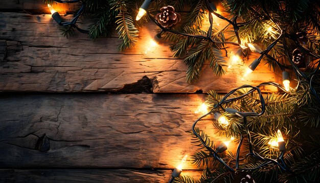Kerstverlichting op witte houten tafel achtergrond bovenaanzicht daglicht