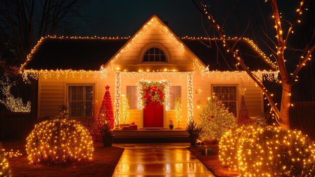 Kerstverlichting siert het huis met een feestelijke gloed