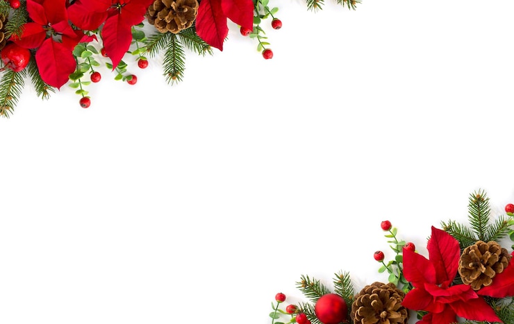 Foto kerstversiering frame van bloemen van rode poinsettia tak kerstboom bal rode bessen op een witte achtergrond met ruimte voor tekst top view plat leg
