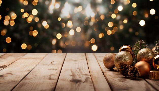 Foto kerstversiering gloeiend op houten tafel verlicht met kerstverlichting gegenereerd door kunstmatige intelligentie