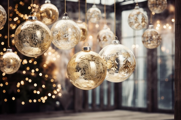 Foto kerstversiering hangend aan een raam met een kerstboom op de achtergrond.