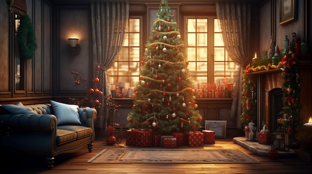 Kerstversiering interieur met kerstboom geschenken en lichten