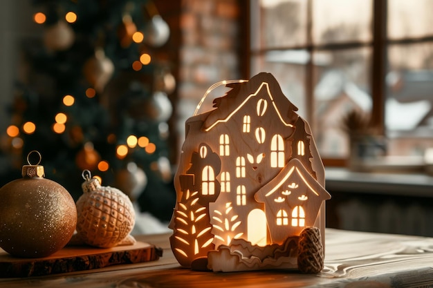 Kerstversiering met adventskalender en een huis van hout verlicht met strijklicht Ha