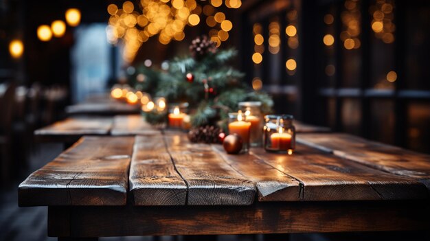 kerstversiering met brandende kaarsen op een houten tafel xmas concept