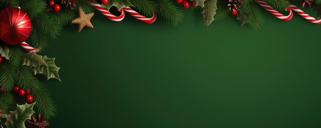 Kerstversiering met dennen takken rode bessen Groene kerst achtergrond Generatieve ai