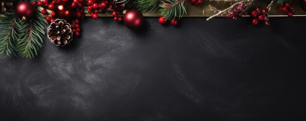Kerstversiering met dennen takken rode bessen zwarte kerst achtergrond Generatieve ai