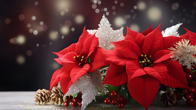 Kerstversiering met poinsettia en dennenarrangement AI gegenereerde afbeelding