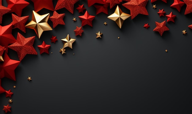 Kerstversiering met ruimte Rode en gouden sterren op zwarte achtergrond Plat bovenaanzicht