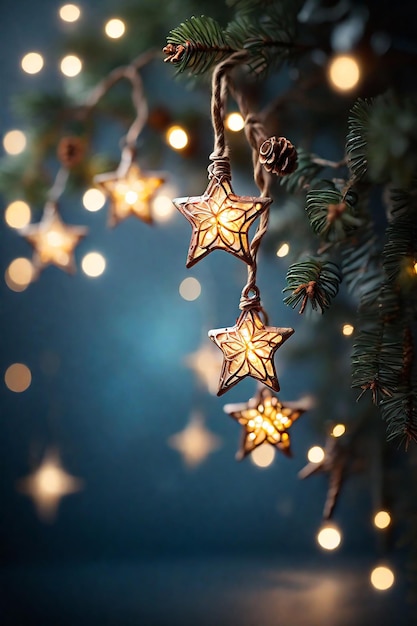 Kerstversiering op de kerstboom met bokehlichten en sterren