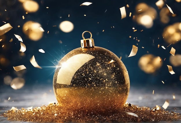 Kerstversiering op houten achtergrond Kerstbal in een gouden lint op zwarte achtergrond C