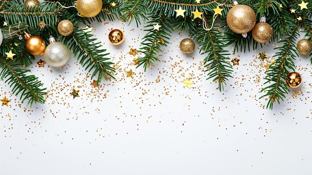 Kerstversiering rand met dennen takken en gouden glitter confetti en vonkenGenerative Ai
