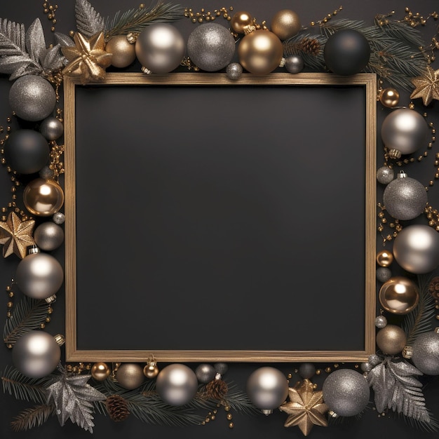 Foto kerstversieringen blank frame zwarte achtergrond