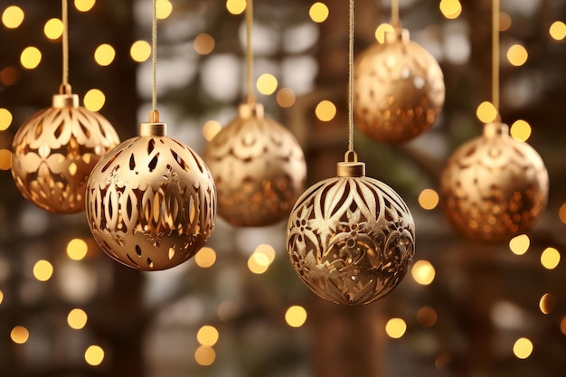 Kerstversieringen in ambachtelijke stijl die aan een goudverlichte boom hangen