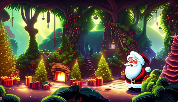Kerstviering illustratie met een Kerstman in het fantasie bos
