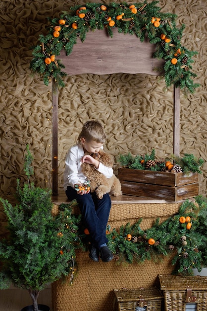 Kerstviering kleine jongen en poedelhond