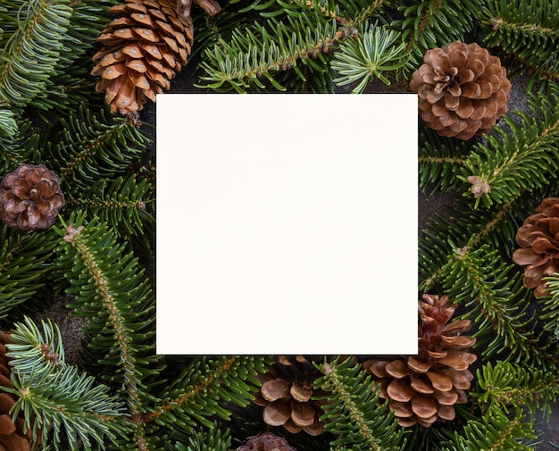 Kerstvierkant blanco kaart tussen dennentakken en dennenappels op groen bovenaanzicht